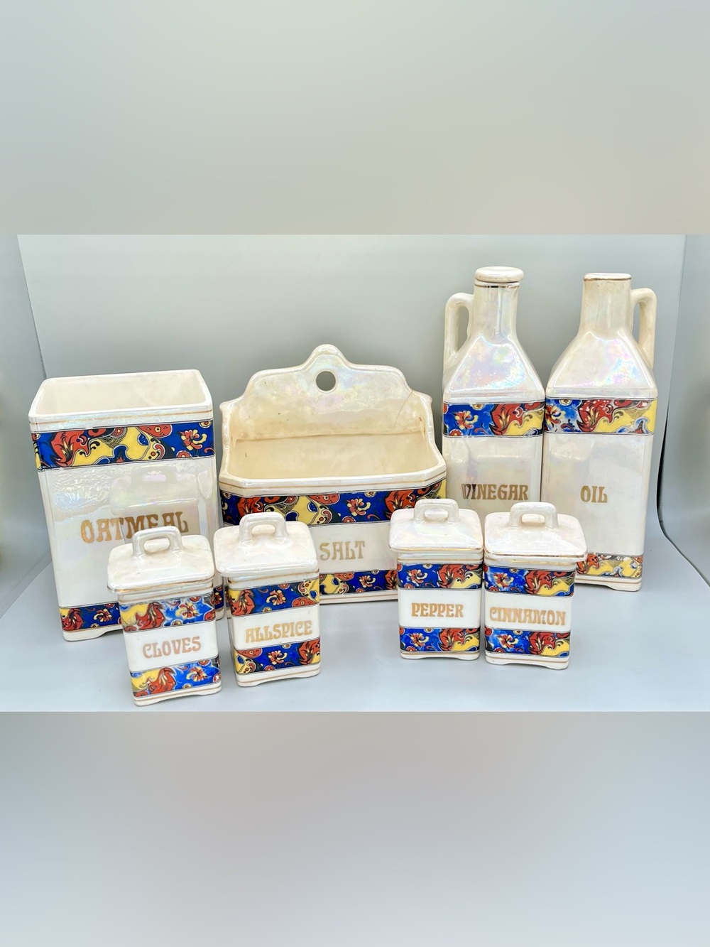 Antique 1930s Czechoslovakia Lusterware Kitchen Canister Spice Set Iridescent